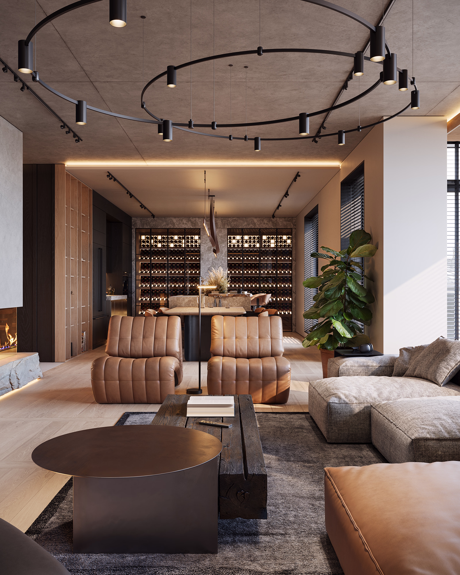 Photorealistic 3D render of the Hoft living room interior
