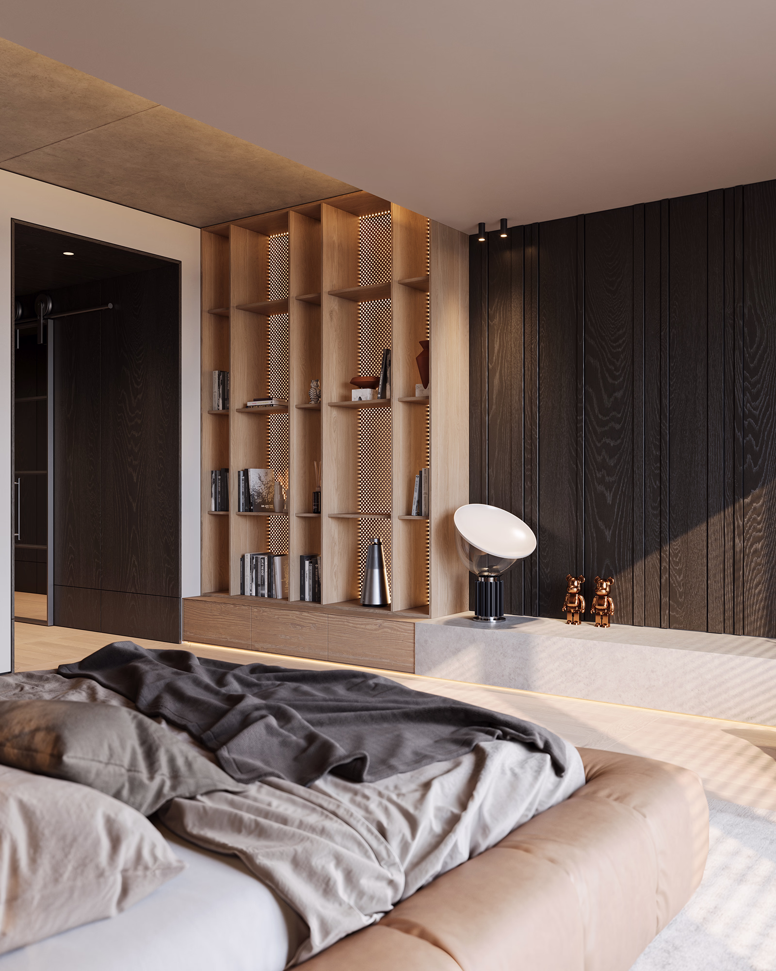Photorealistic 3D render of the Hoft master bedroom interior