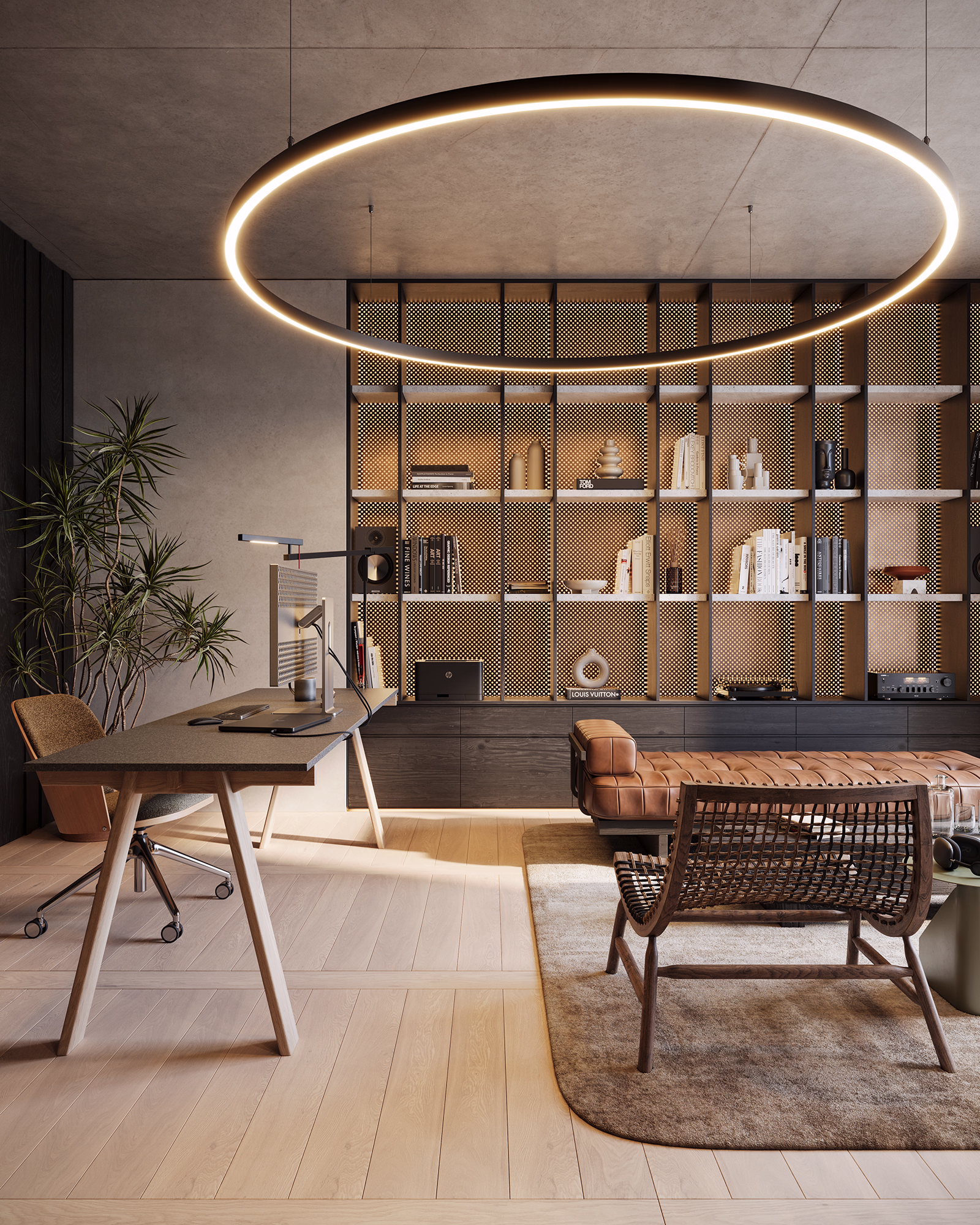 Photorealistic 3D render of a home office interior