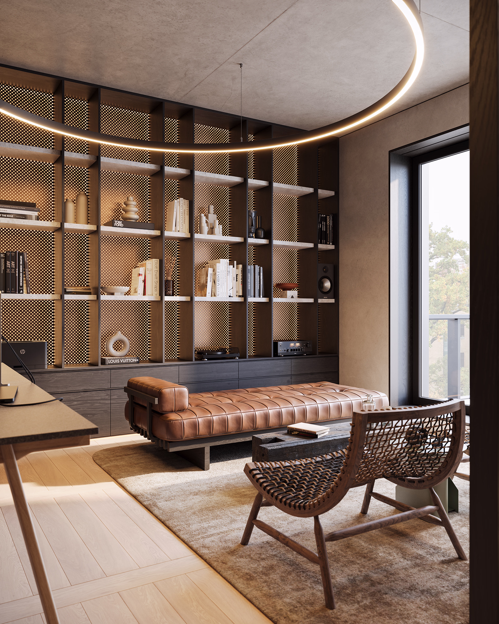 Home office 3D render, view 3