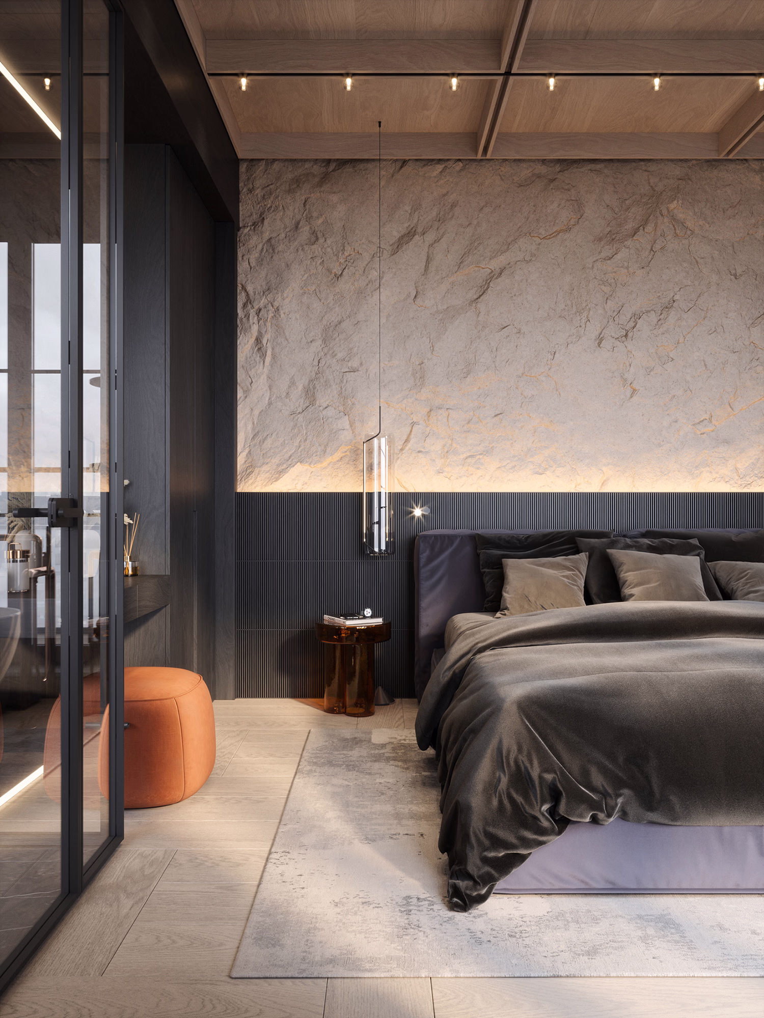 Loft & Rosegold master bedroom 3D render, view 1