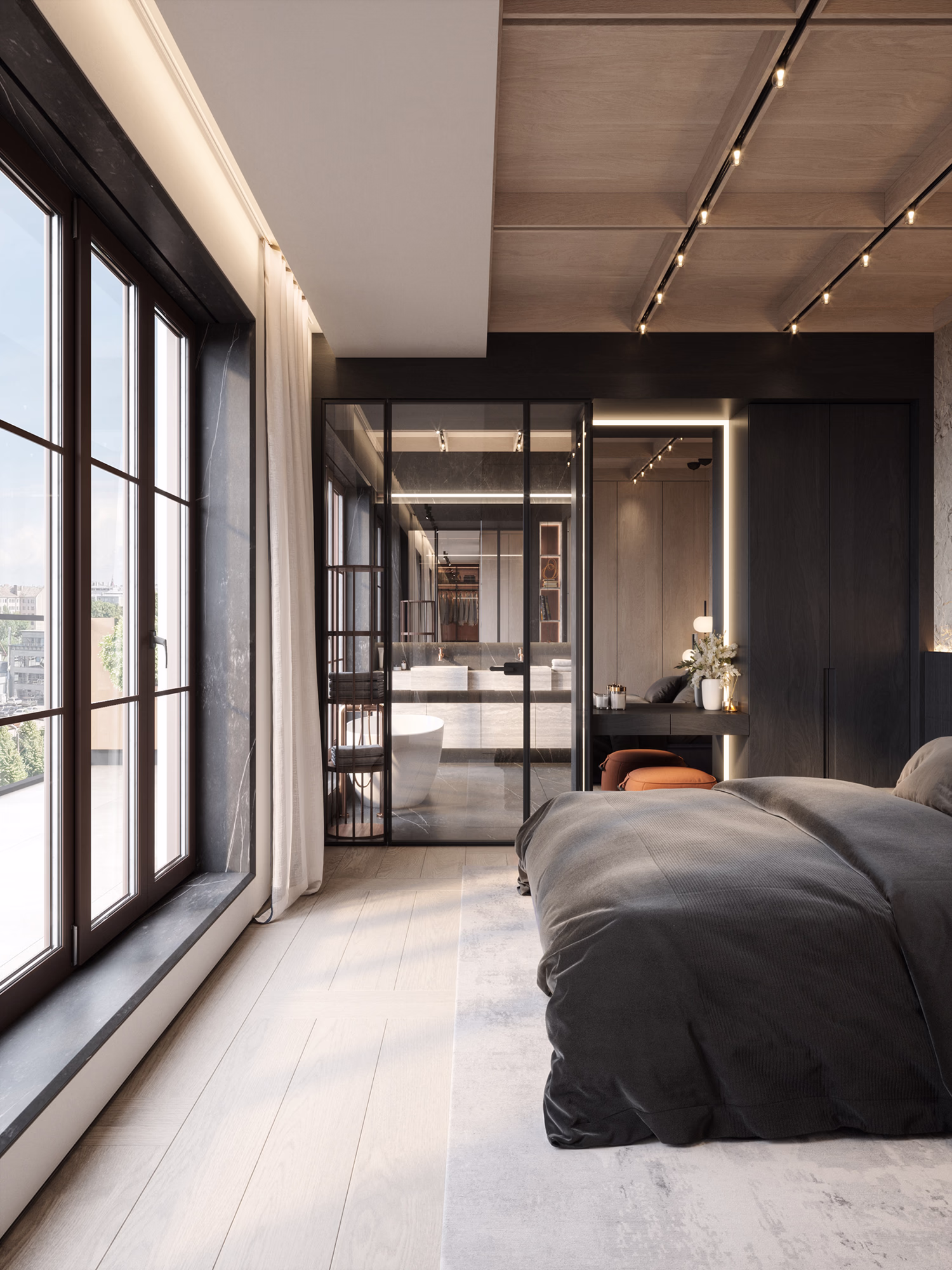 Loft & Rosegold master bedroom 3D render, view 2