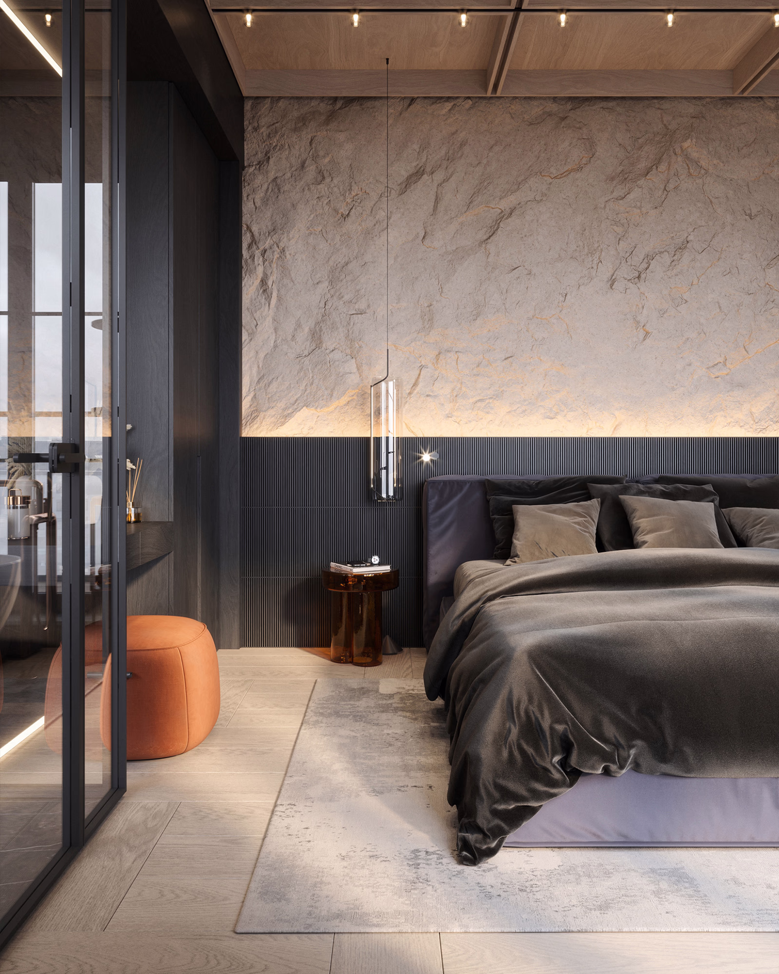 Photorealistic 3D render of the Loft & Rosegold bedroom interior