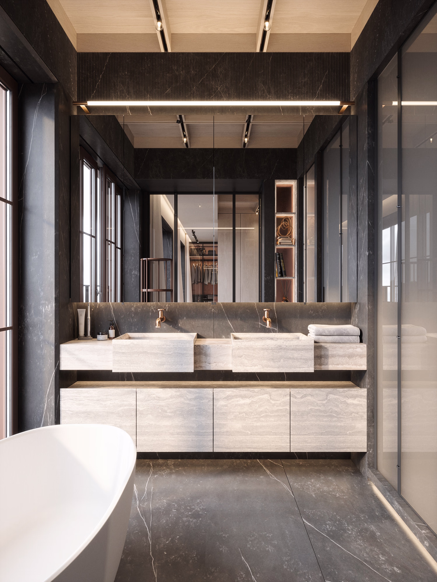 Loft & Rosegold master bedroom 3D render, view 3