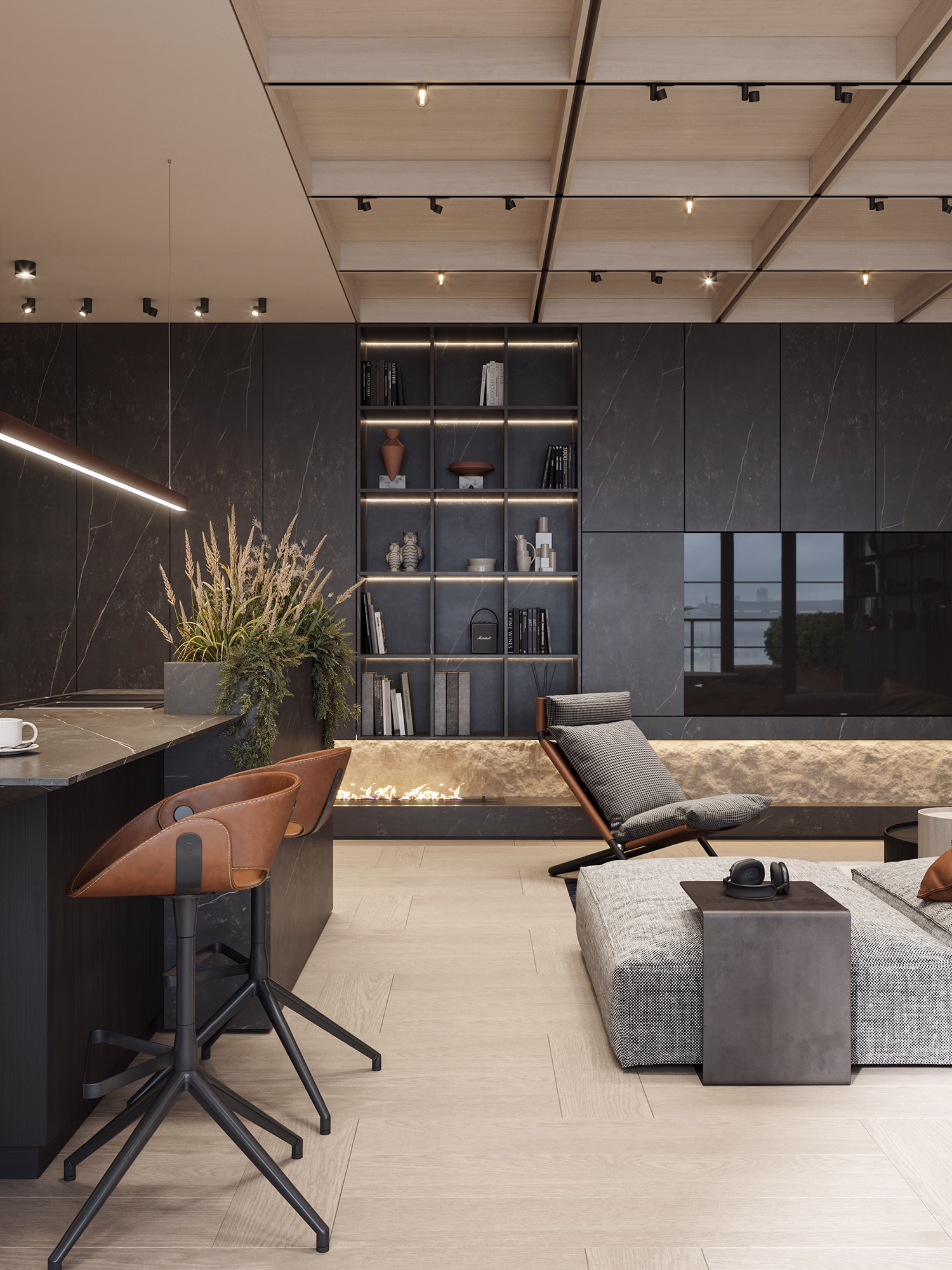 Loft & Rosegold living room 3D render, view 1