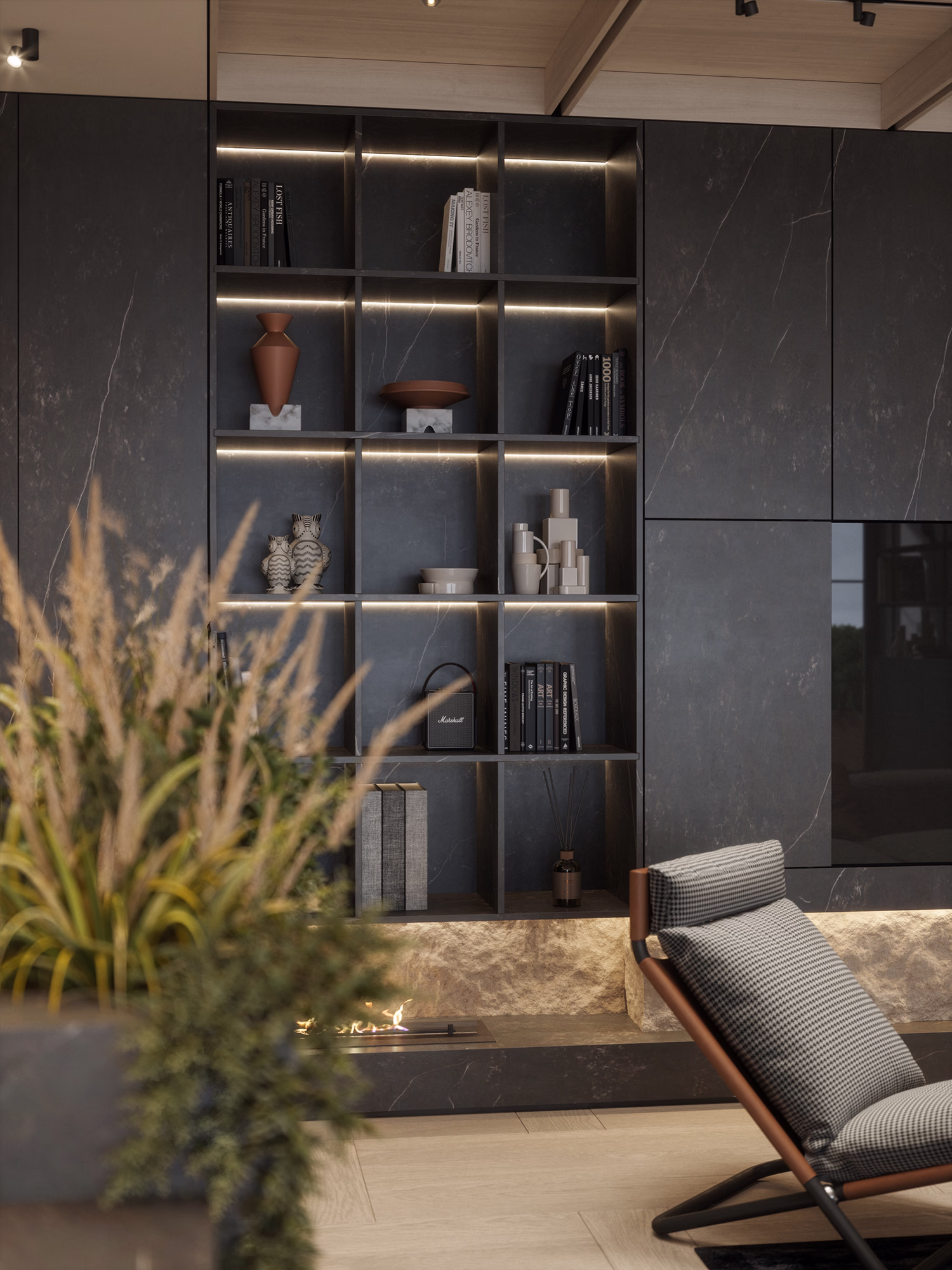 Loft & Rosegold living room 3D render, view 2