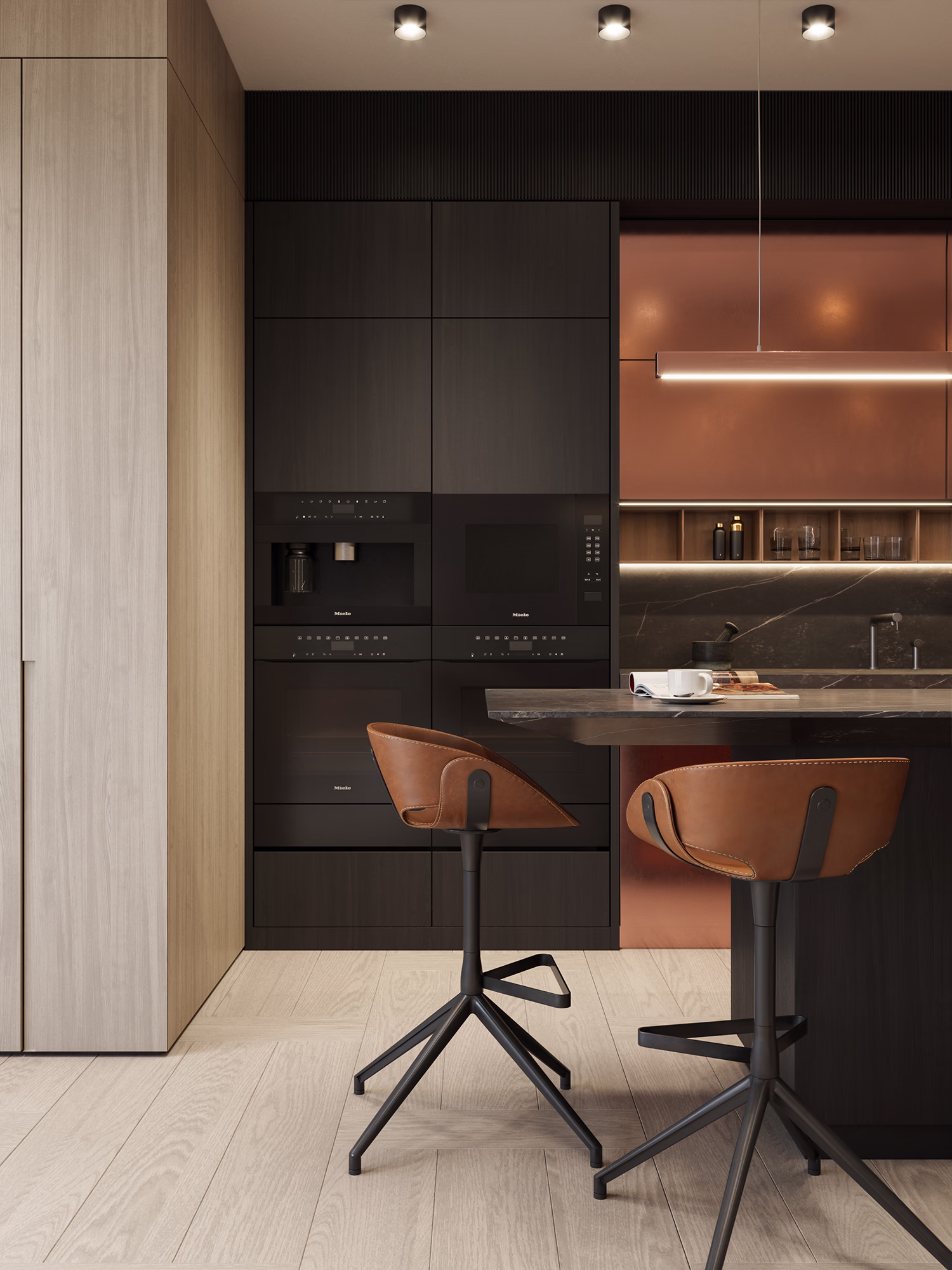 Loft & Rosegold living room 3D render, view 3