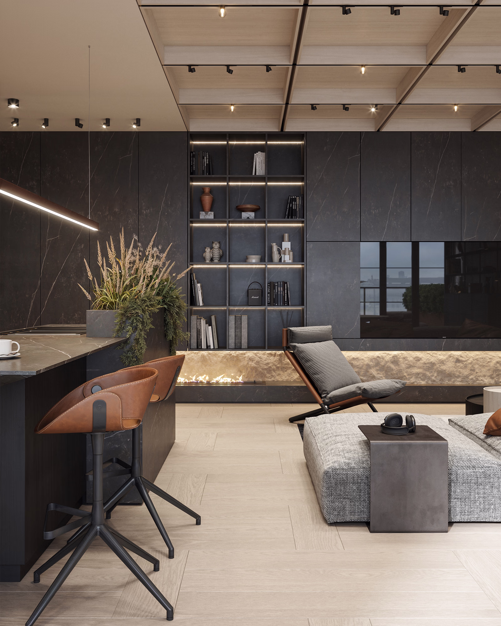 Photorealistic 3D render of the Loft & Rosegold living room interior